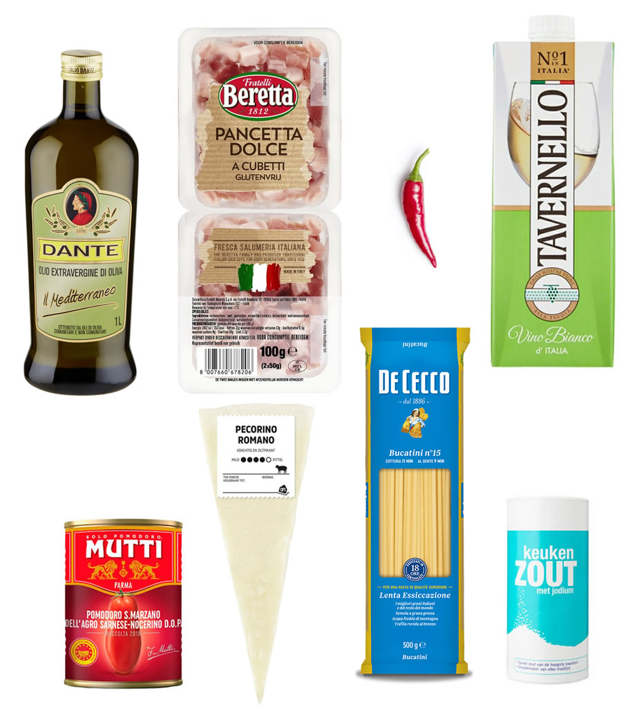 Ingredients to prepare pasta alla Amatriciana