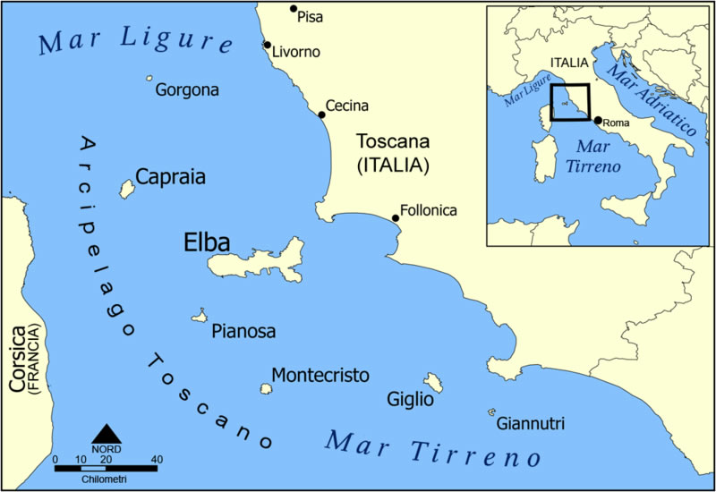 De kaart van de Toscaanse archipel