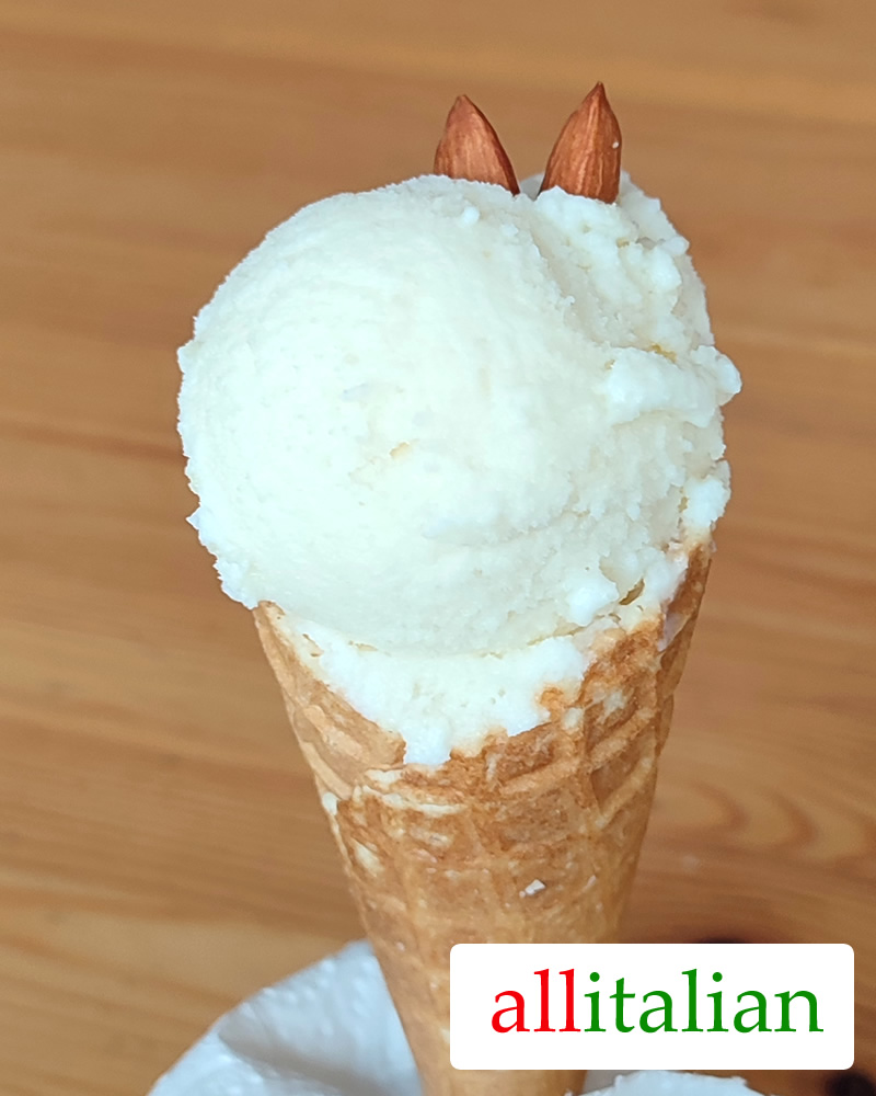 A homemade almond ice cream on a cone