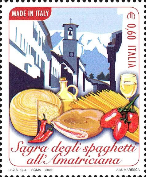 Een postzegel gewijd aan Amatriciana saus