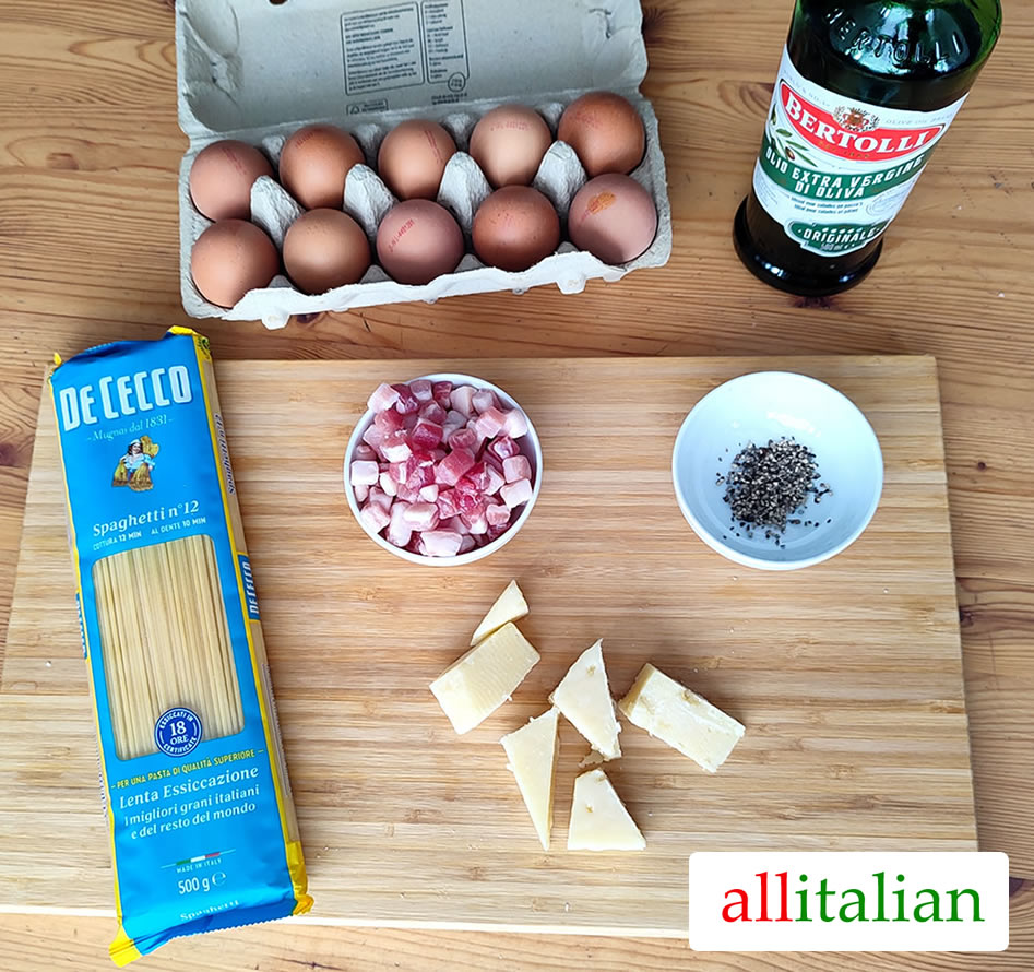 The ingredients to make Spaghetti alla Carbonara made with pancetta