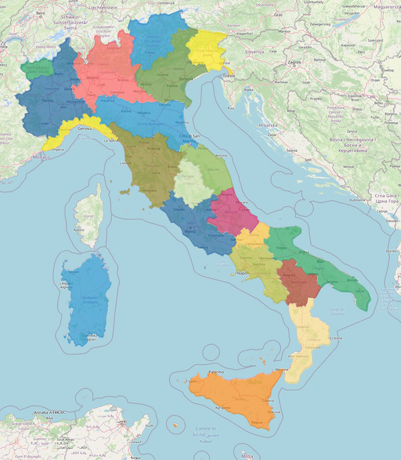 Kaart van alle italiaanse regios