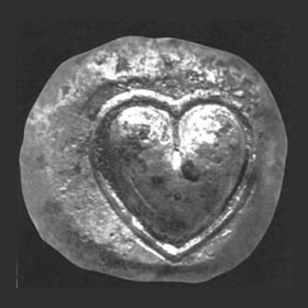 Het hartsymbool is gedrukt op een muntstuk van de stad Cyrene, 5e-6e eeuw voor Christus